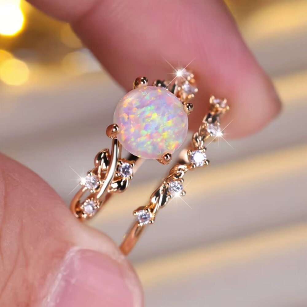 NEW 14k Gold Opal Diamond Ring Band Set of 2 Rings